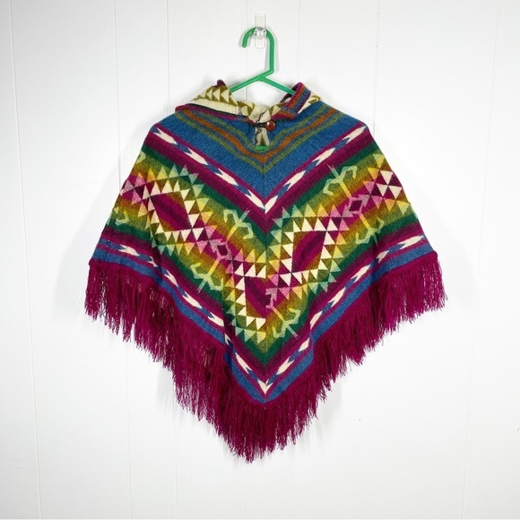 Multi Color Striped Geometric Design Fringe Poncho Sweater - One Size - Picture 1 of 4